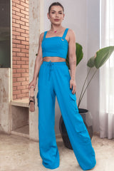 Calça Pantalona Frysaide Azul Linho Cargo