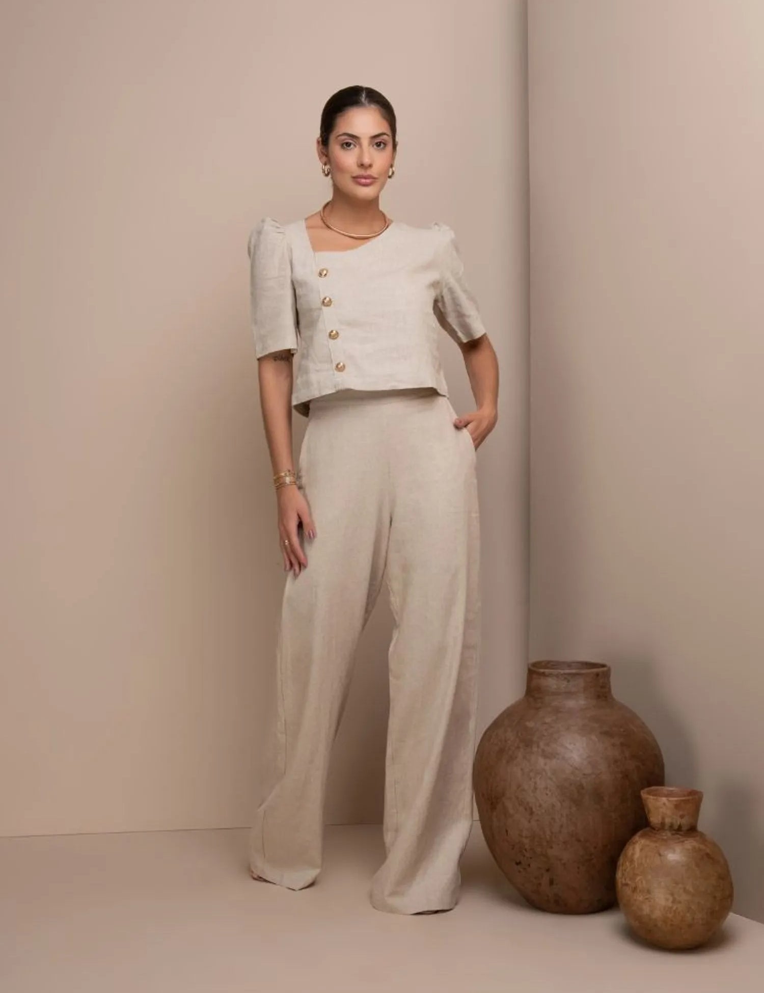 Calça Pantalona Linho Natural Frysaide