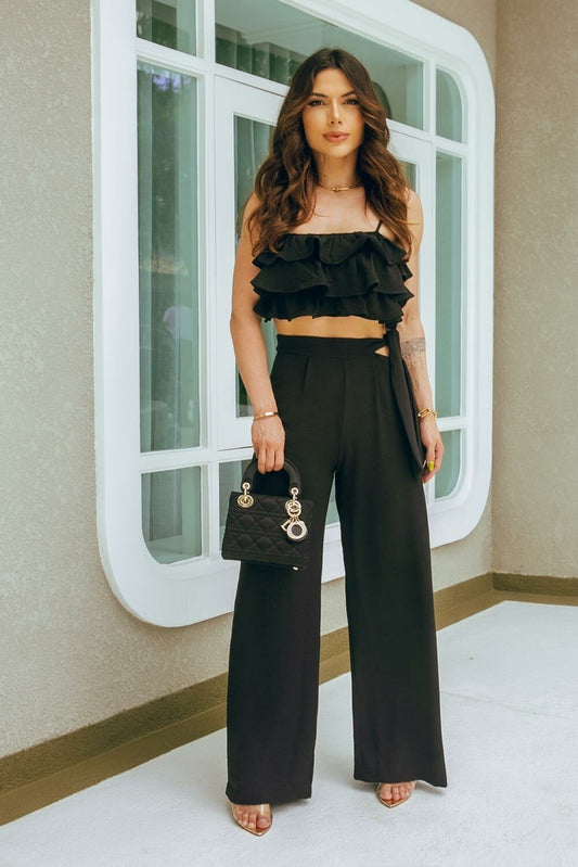 Calça Pantalona Preta Frysaide Cós Alto Cut Out