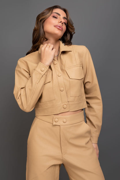 Calca Reta Carla De Couro Bege Frysaide