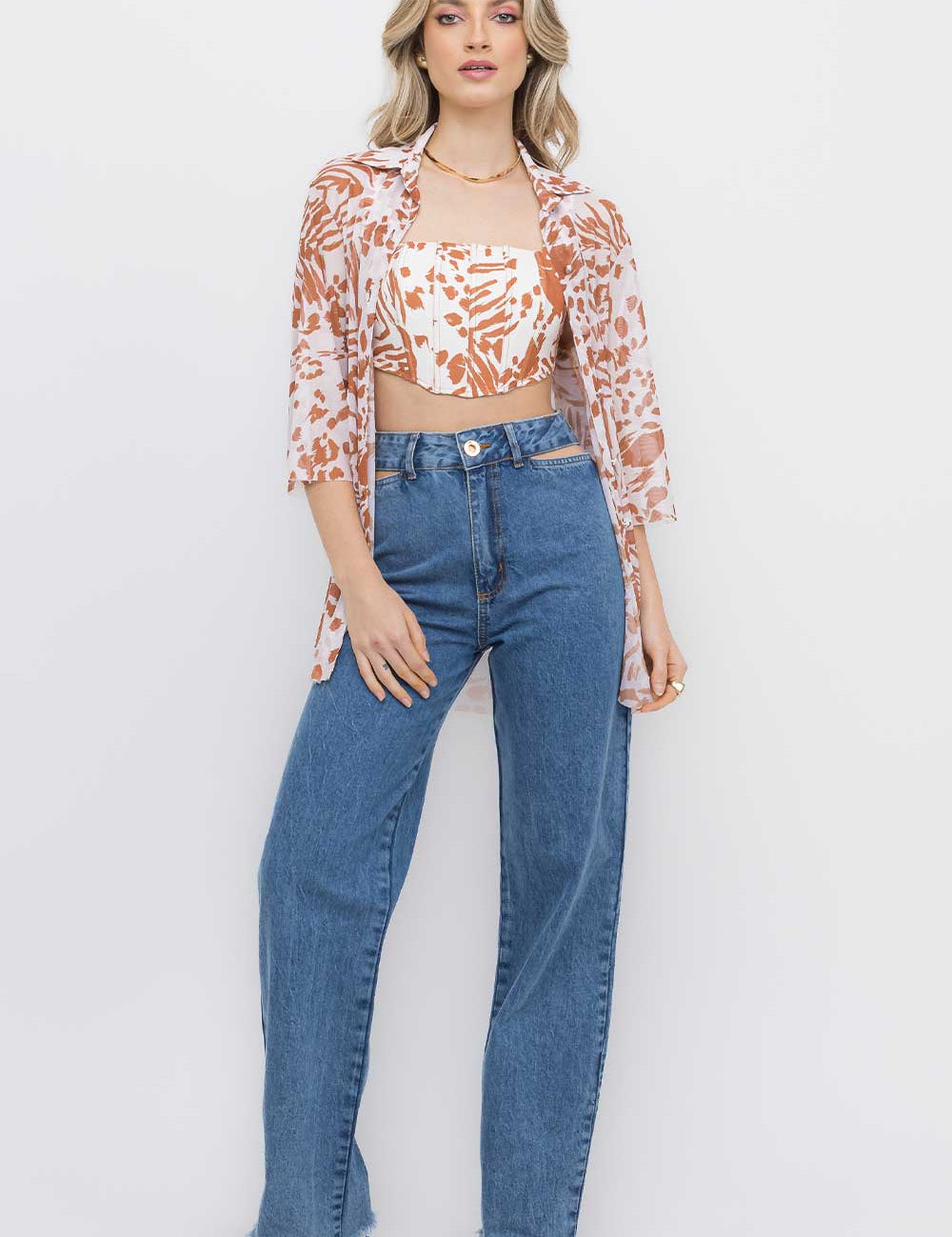 Calça Reta Jeans Recorte Lateral
