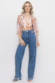Calça Reta Jeans Recorte Lateral