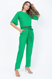 Calça Reta Linho Elástico Verde Frysaide