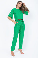 Calça Reta Linho Elástico Verde Frysaide