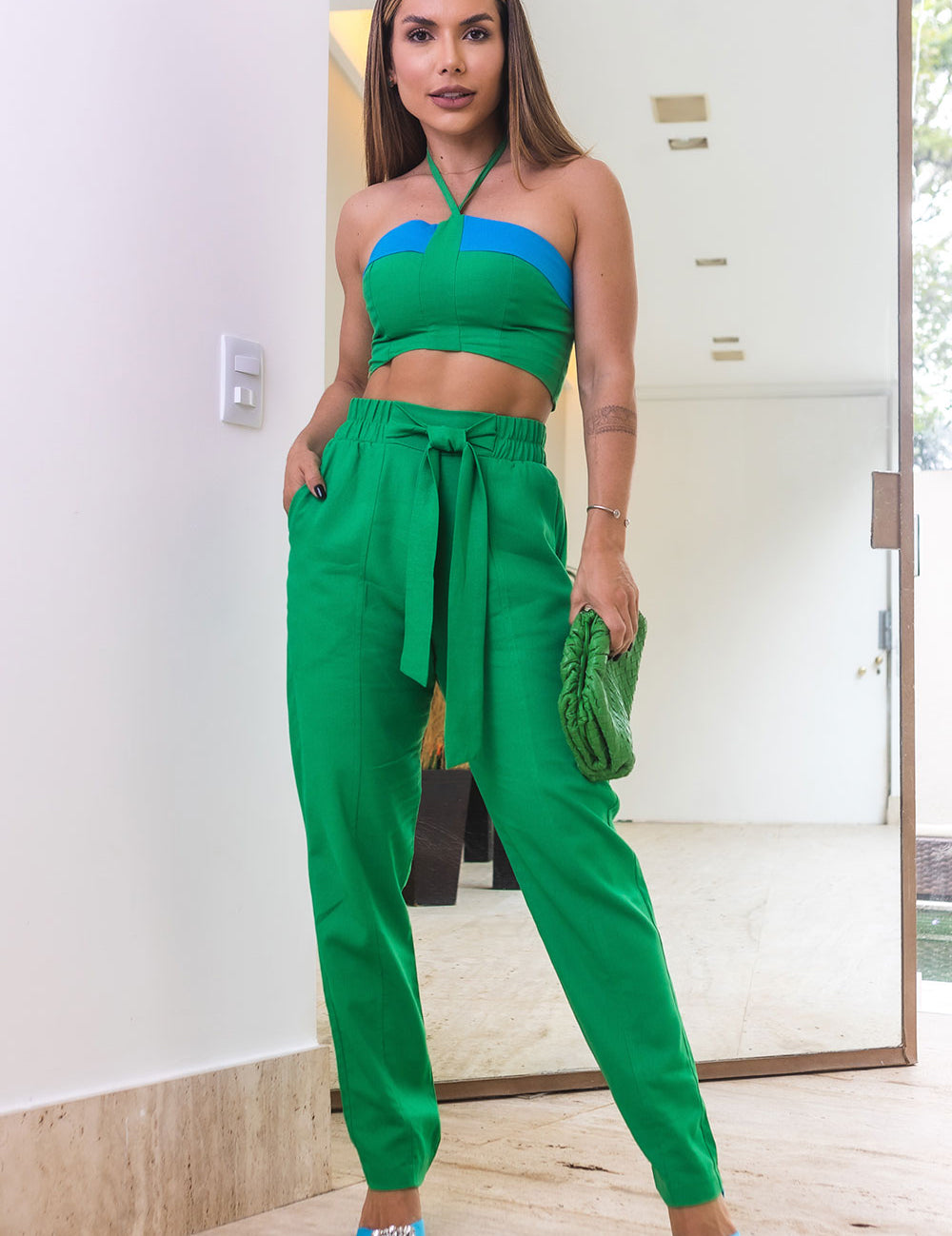 Calça Reta Linho Elástico Verde Frysaide