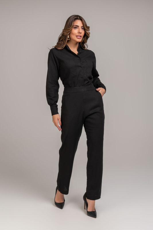 Calça Reta Linho Preta Frysaide