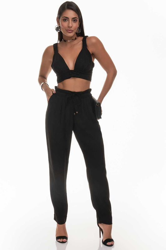 Calça Reta Preta Linho Pregas Cós Frysaide