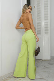 Calça Wid Leg Verde Fendas Laterais Frysaide