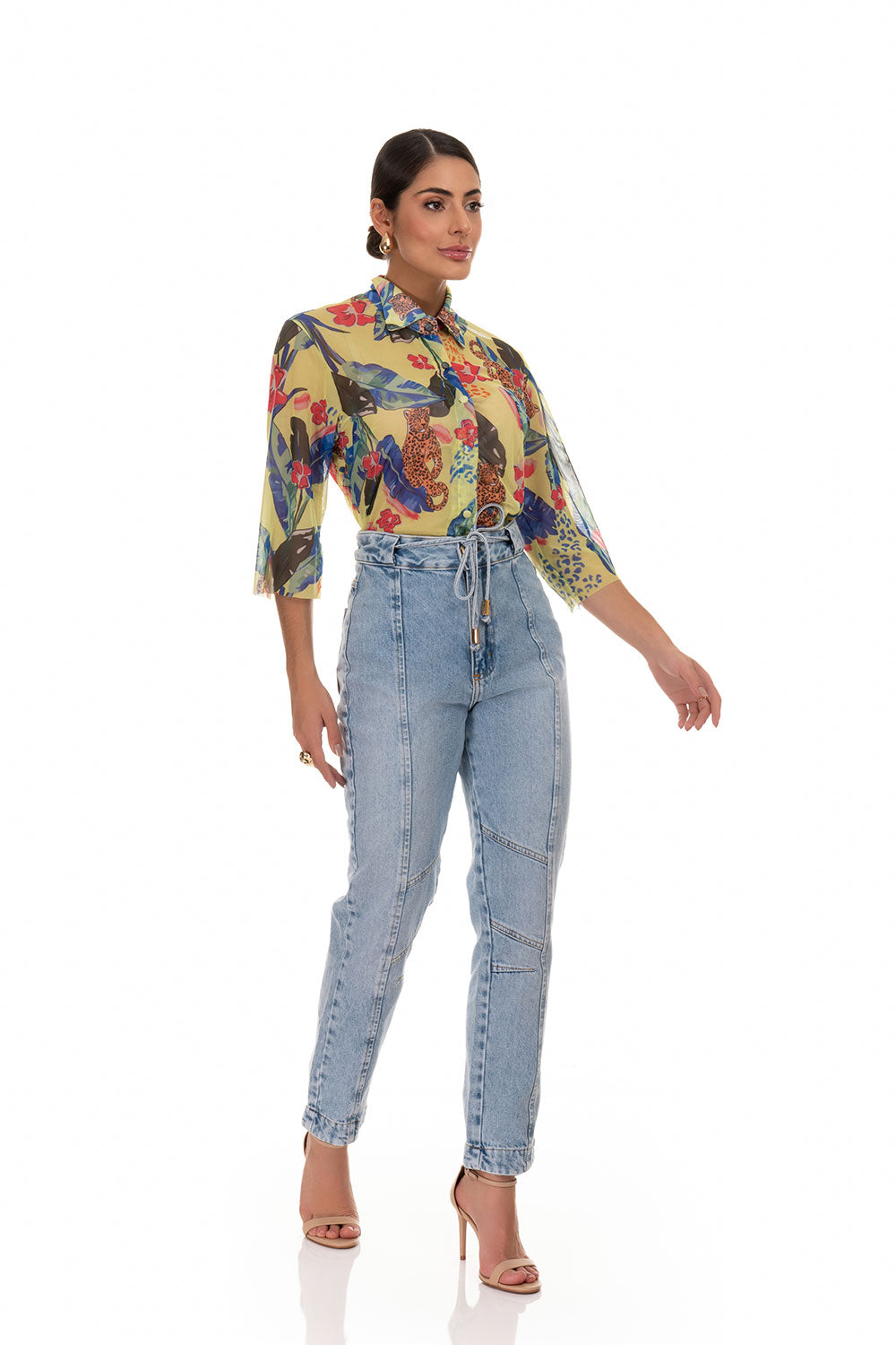 Camisa Laura De Tule Estampa Exclusiva Estampa Jardim Tropical Frysaide