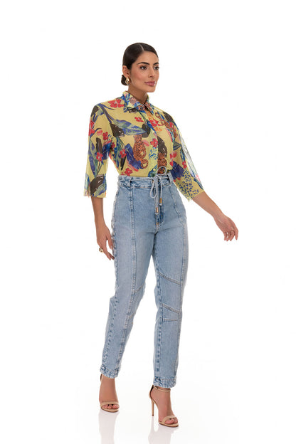 Camisa Laura De Tule Estampa Exclusiva Estampa Jardim Tropical Frysaide