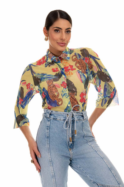 Camisa Laura De Tule Estampa Exclusiva Estampa Jardim Tropical Frysaide