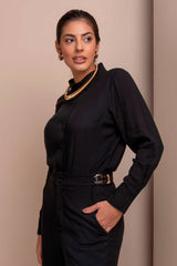 Camisa Preta Viscose Botões Forrados Frysaide