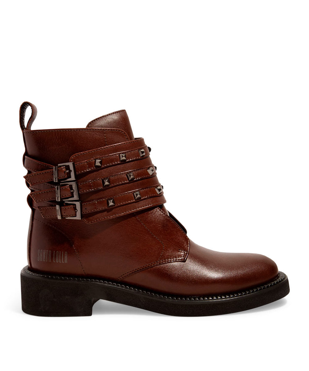 Coturno Santa Lolla Couro Marrom Tira Spike Salto Bloco Baixo