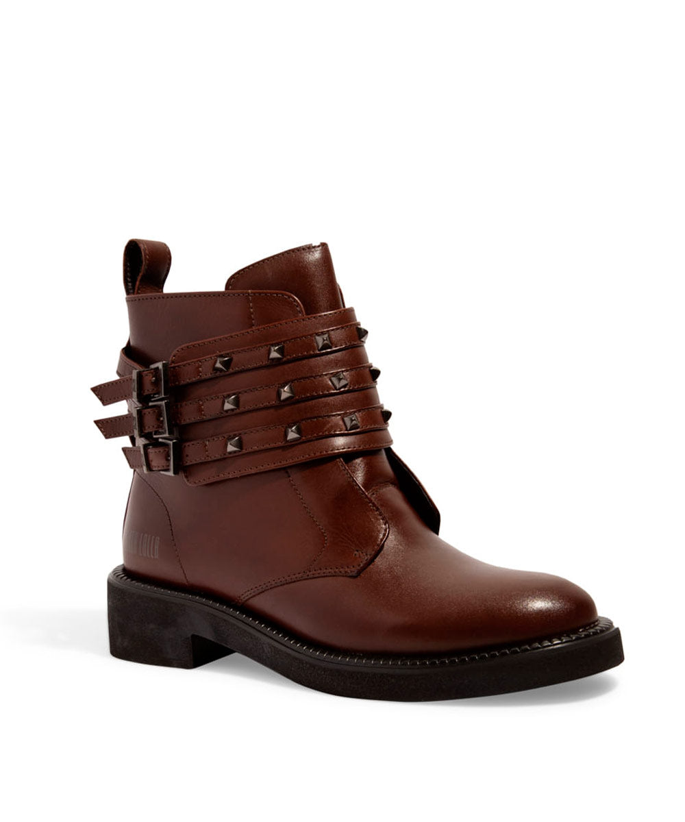 Coturno Santa Lolla Couro Marrom Tira Spike Salto Bloco Baixo