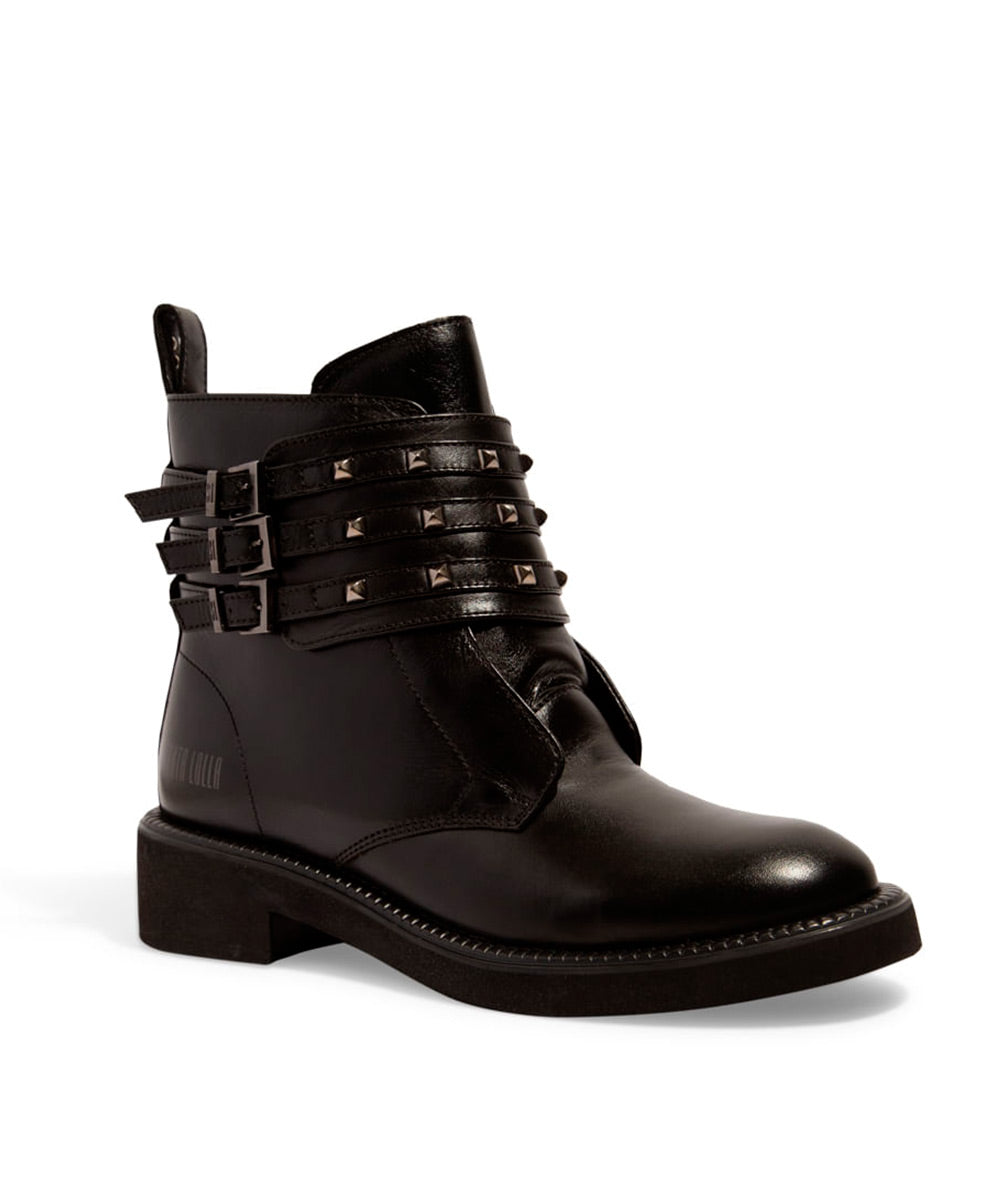 Coturno Santa Lolla Couro Preta Tira Spike Salto Bloco Baixo