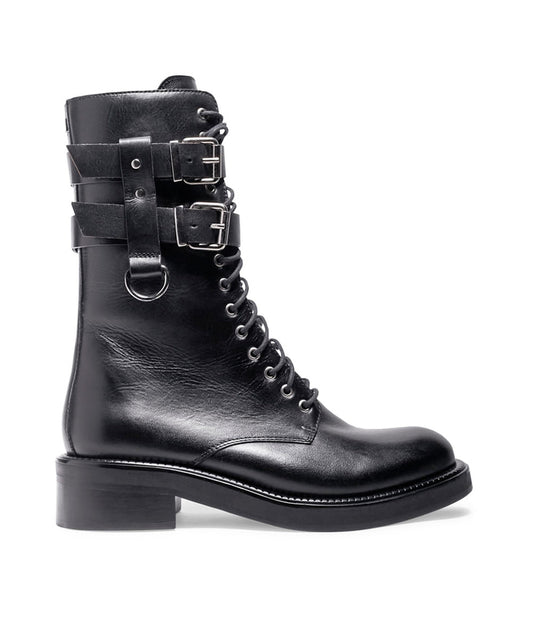 Coturno Santa Lolla Preto Couro Fivelas Cano Médio