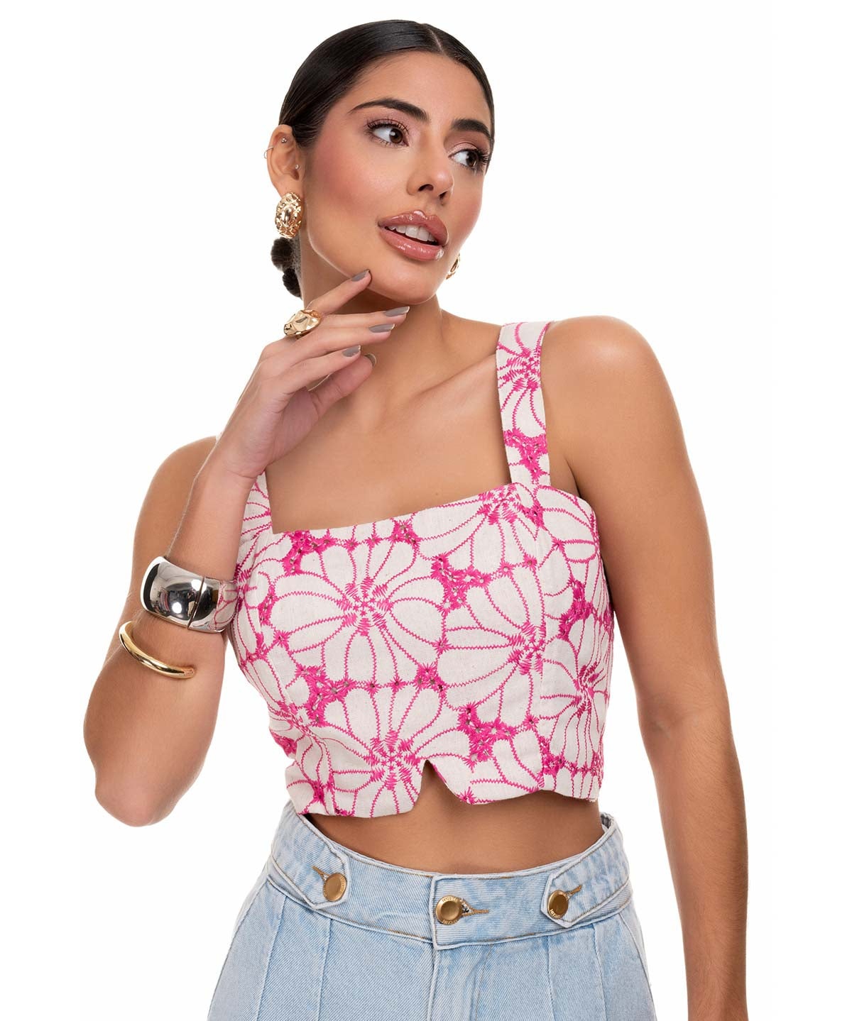 Cropped Frysaide Pink Linho Bordado