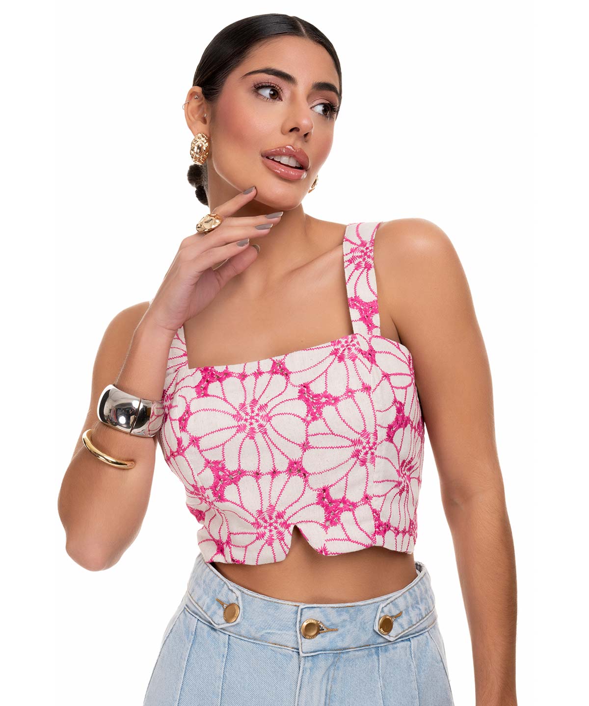 Cropped Frysaide Pink Linho Bordado