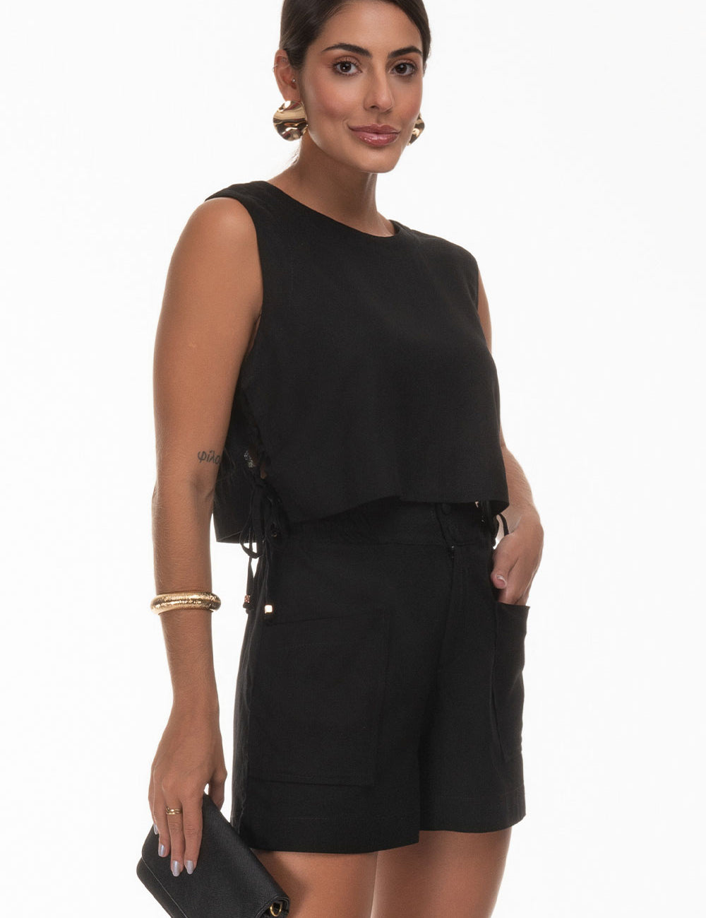 Cropped Preto Linho Amarração Lateral Frysaide