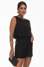 Cropped Preto Linho Amarração Lateral Frysaide