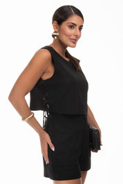 Cropped Preto Linho Amarração Lateral Frysaide