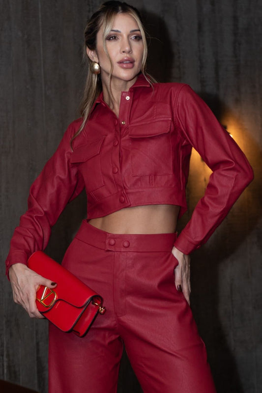 Jaqueta De Couro Carla Com Bolsos Vermelho Frysaide 