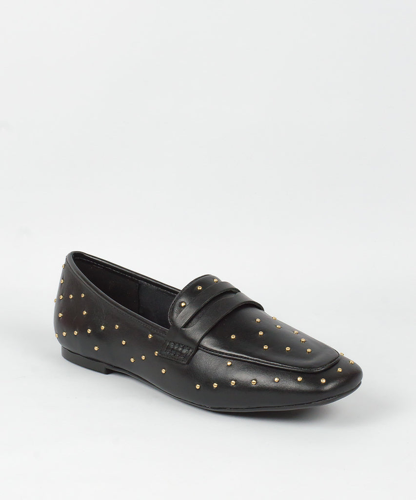 Mocassim Lia Line Preto Couro Tachas