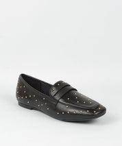 Mocassim Lia Line Preto Couro Tachas