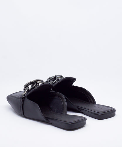 Mule Lia Line Preto Couro Correntes Bico Quadrado - 1994.70124