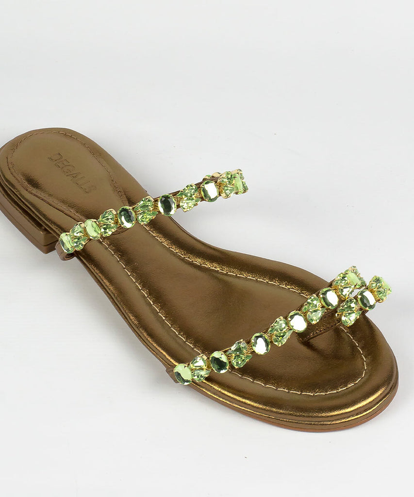 Rasteira Degalls Bronze Metalizado Pedras Verdes