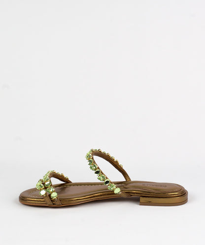 Rasteira Degalls Bronze Metalizado Pedras Verdes