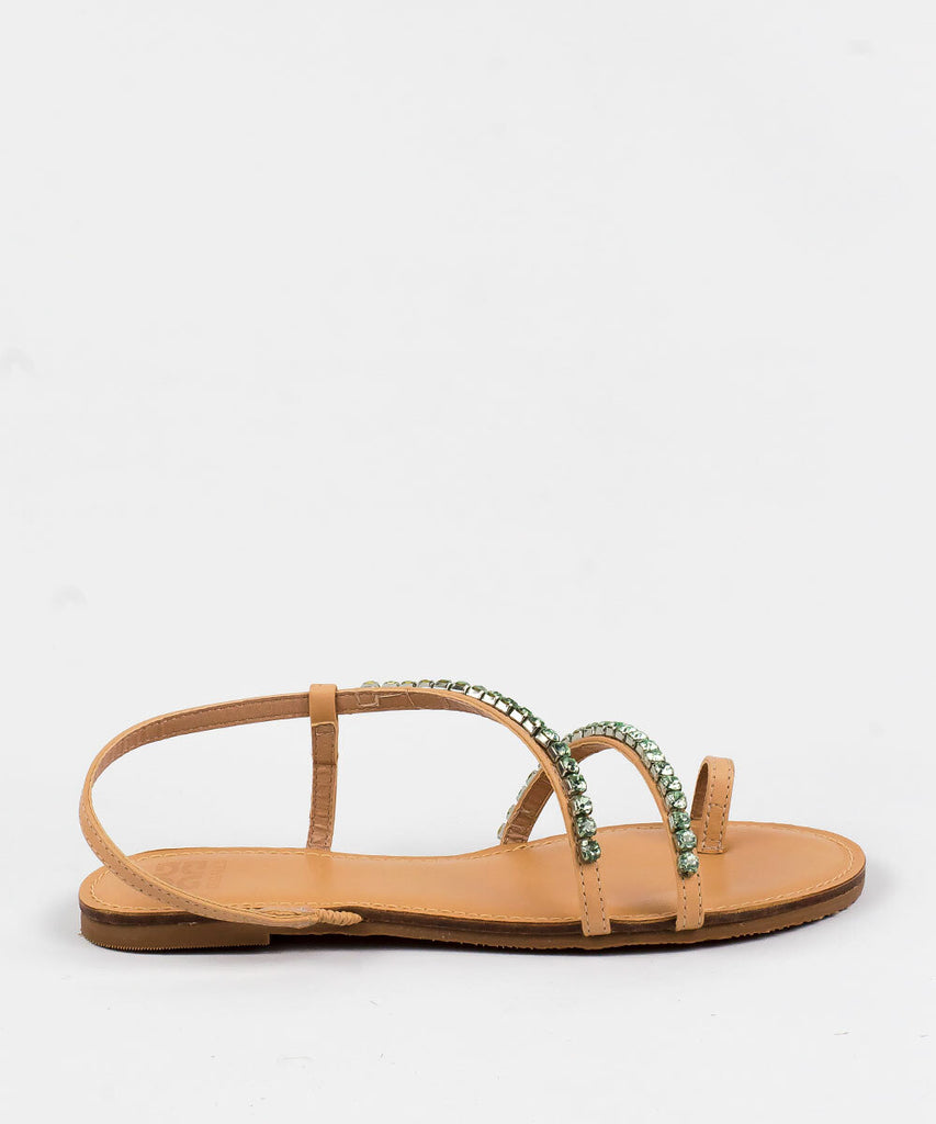 Rasteira Degalls Nude Strass Verde Forro Atanado