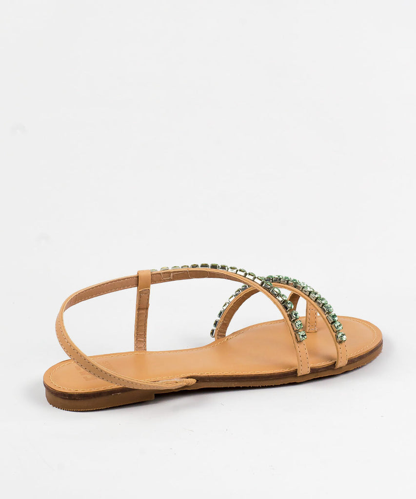 Rasteira Degalls Nude Strass Verde Forro Atanado