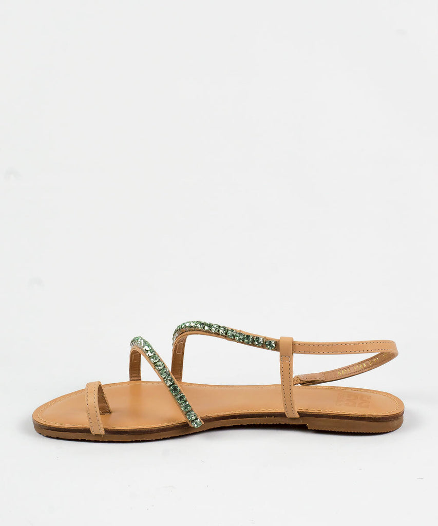 Rasteira Degalls Nude Strass Verde Forro Atanado