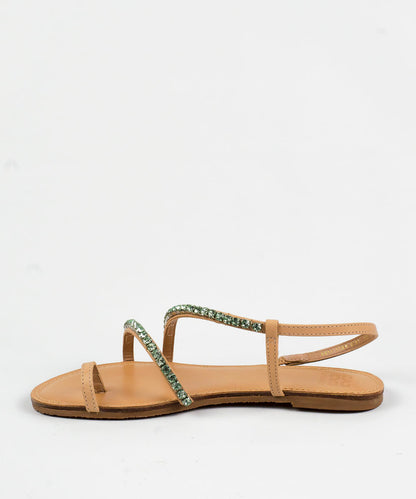 Rasteira Degalls Nude Strass Verde Forro Atanado