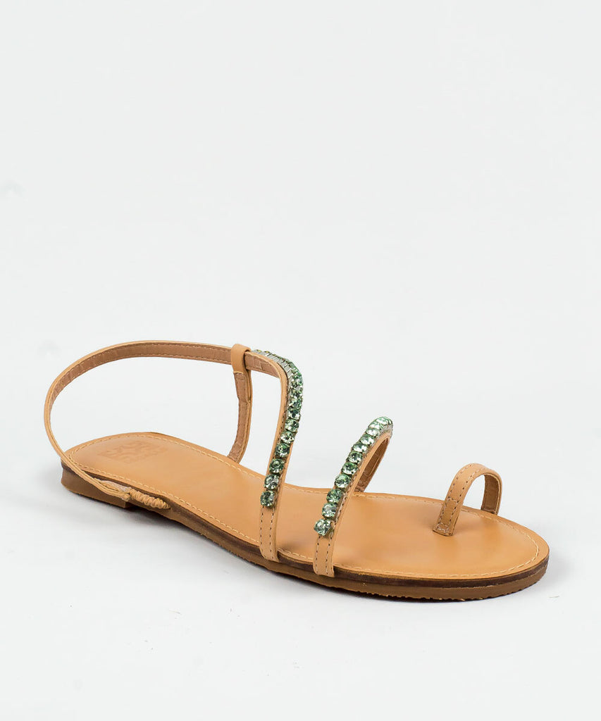 Rasteira Degalls Nude Strass Verde Forro Atanado