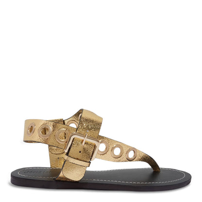 Rasteira Santa Lolla Dourada Craquele Tiras Ilhós