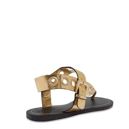 Rasteira Santa Lolla Dourada Craquele Tiras Ilhós