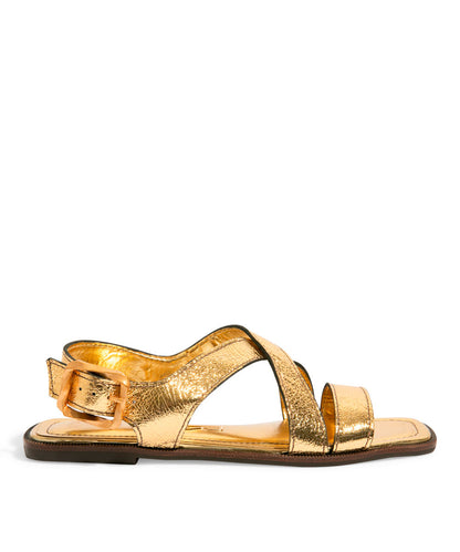 Rasteira Santa Lolla Dourada Metalizada Fivela Tiras Grossas