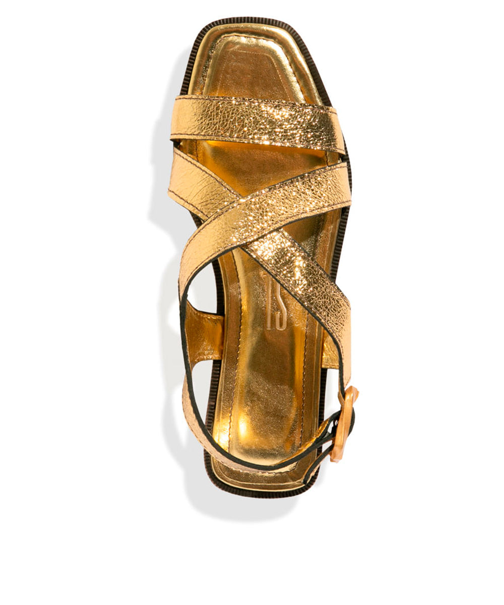 Rasteira Santa Lolla Dourada Metalizada Fivela Tiras Grossas