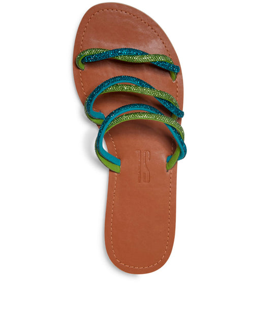 Rasteira Santa Lolla Nude Tiras Verde Azul Strass