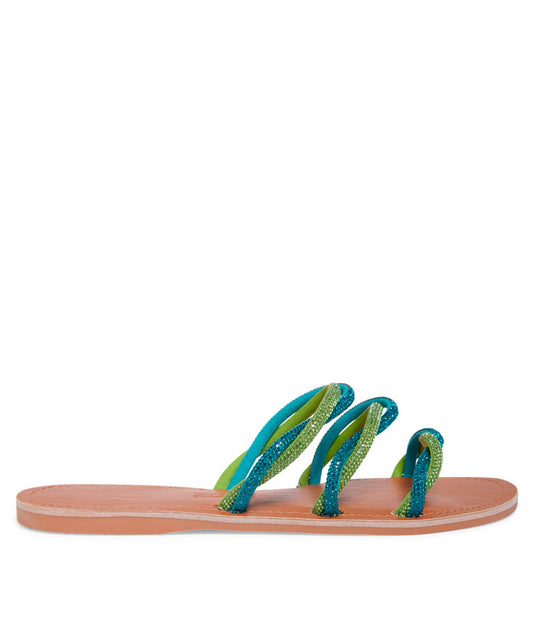 Rasteira Santa Lolla Nude Tiras Verde Azul Strass