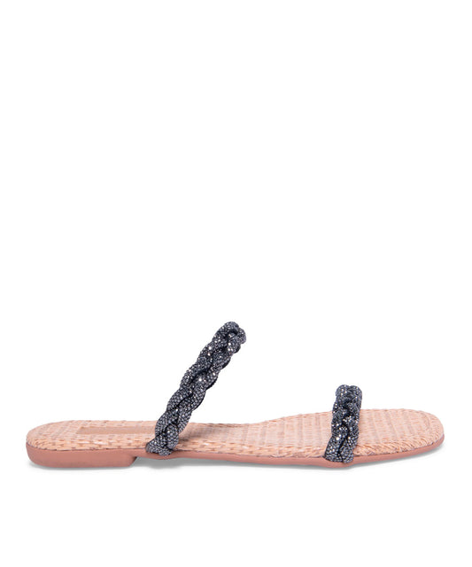 Rasteira Santa Lolla Palha Strass Preto