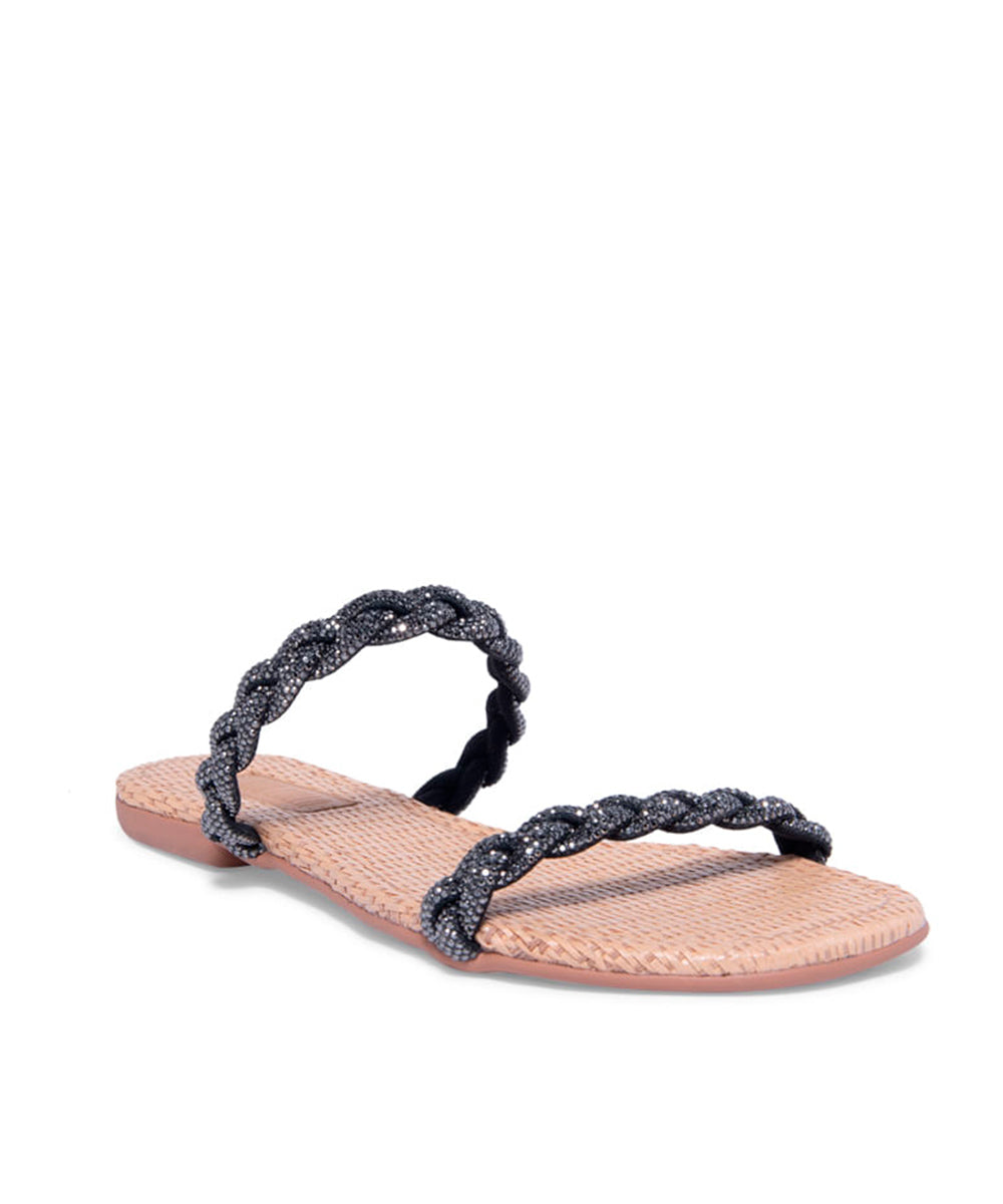 Rasteira Santa Lolla Palha Strass Preto