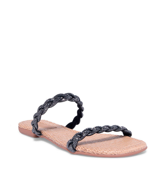 Rasteira Santa Lolla Palha Strass Preto