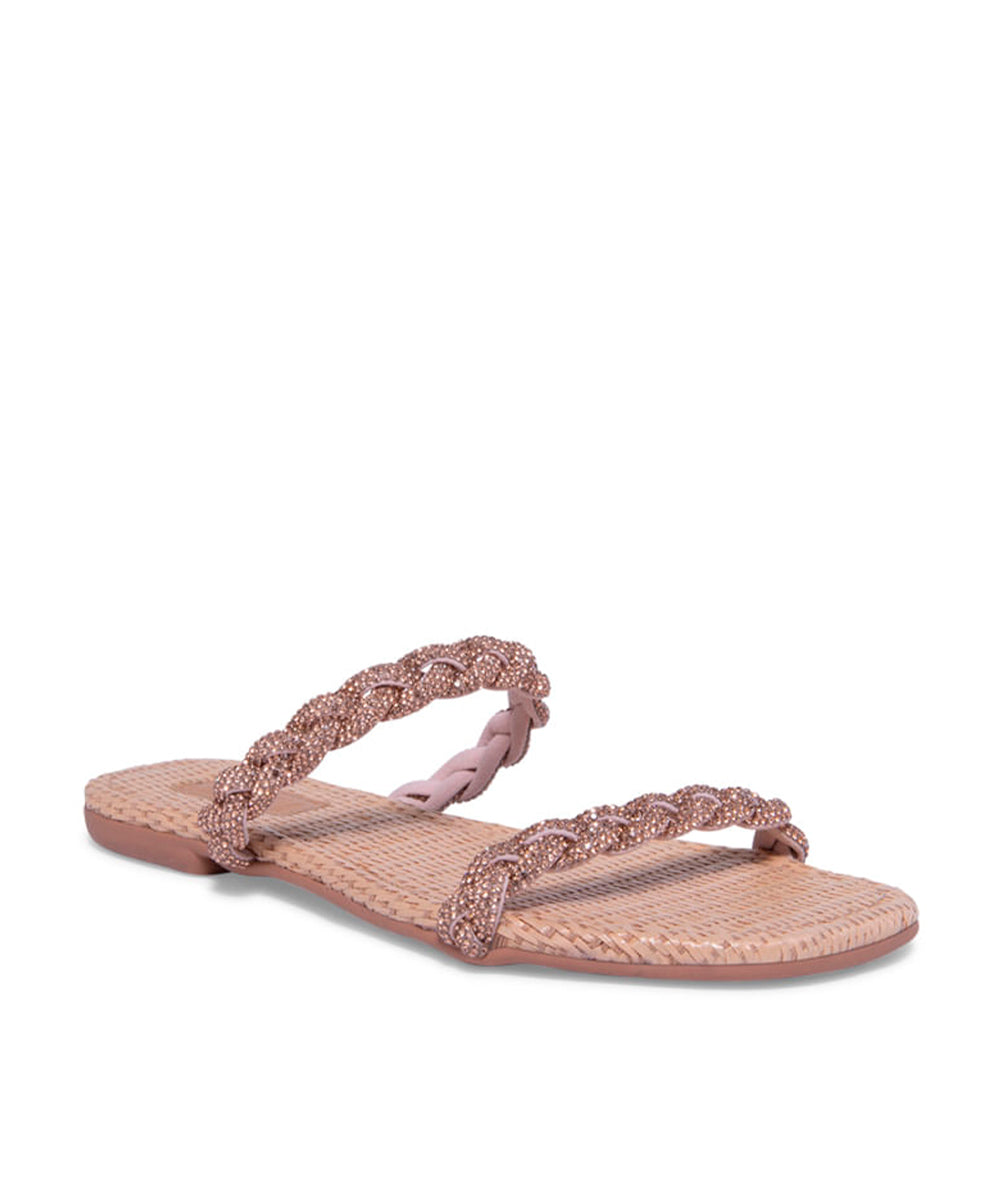 Rasteira Santa Lolla Palha Tiras Strass Dourado