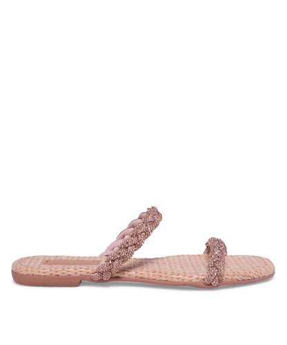 Rasteira Santa Lolla Palha Tiras Strass Dourado