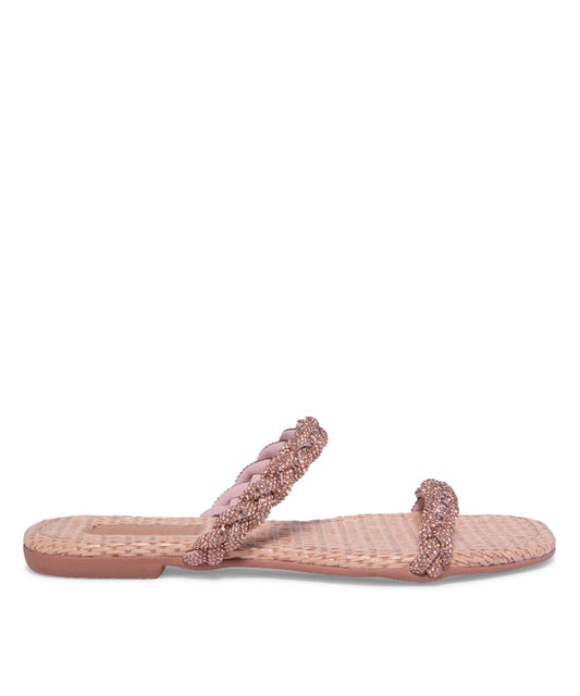 Rasteira Santa Lolla Palha Tiras Strass Dourado