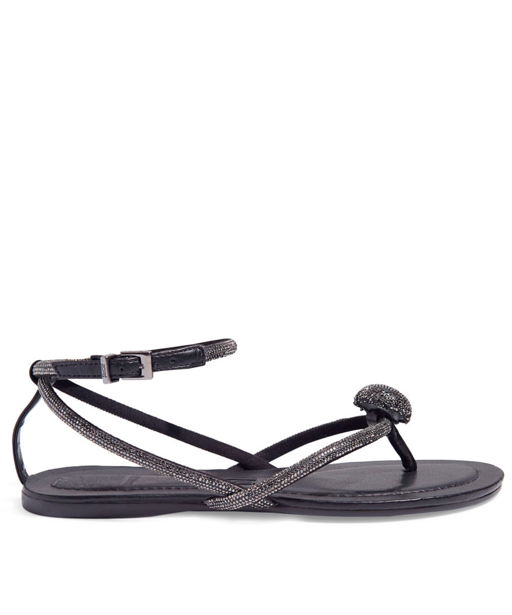 Rasteira Santa Lolla Tiras Finas Botão Strass Preta