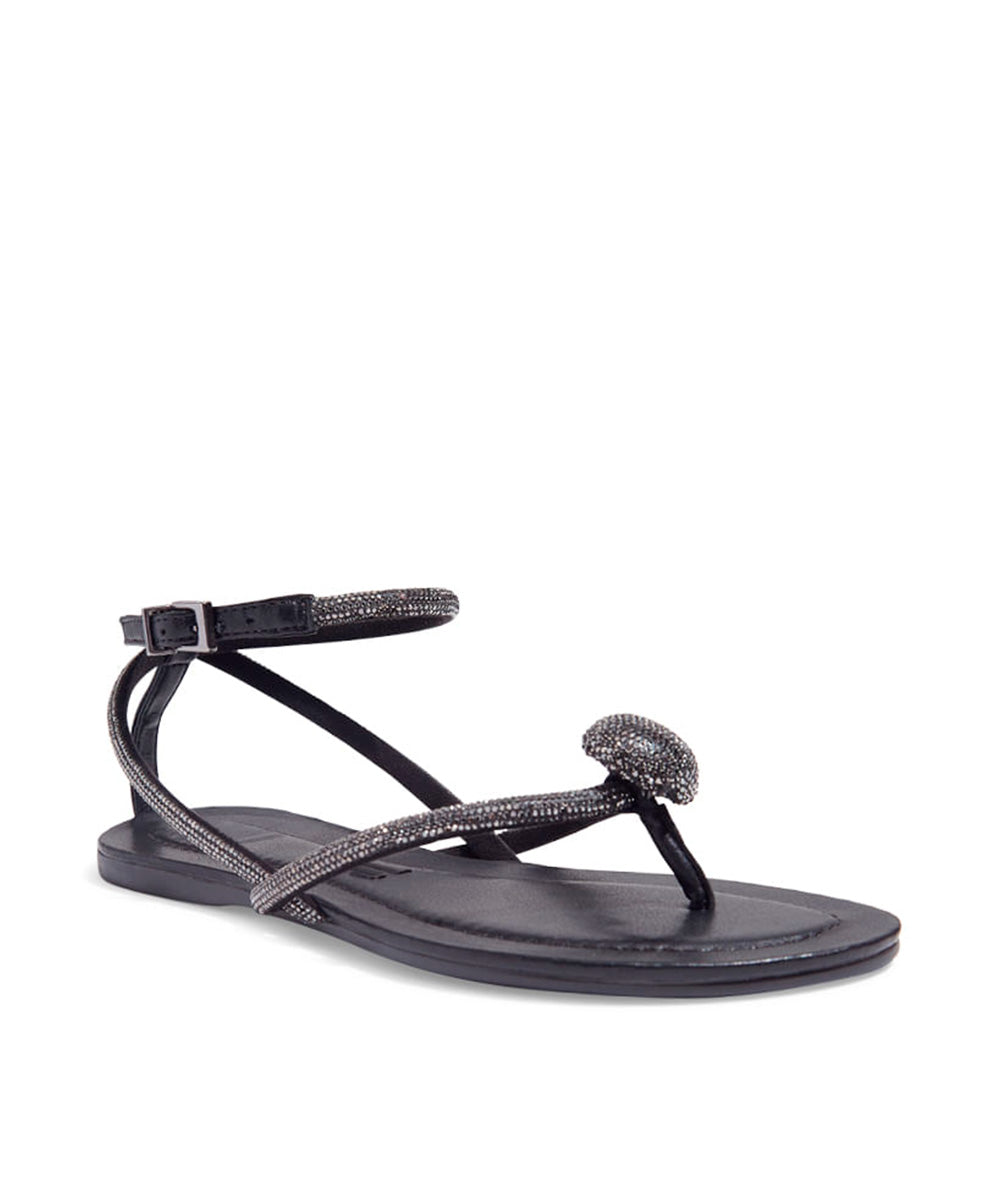 Rasteira Santa Lolla Tiras Finas Botão Strass Preta